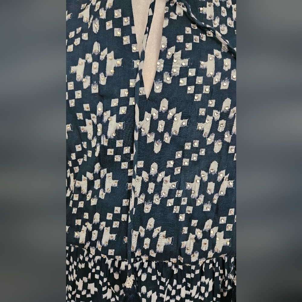 RubyYaya Beaded Boho Maxi Dress Blue White Geometric Print Size M - Picture 6 of 16